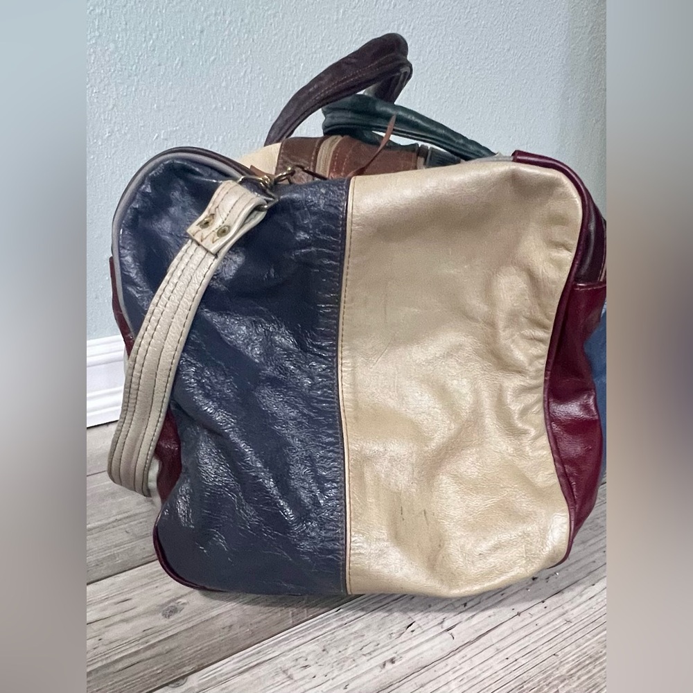 Vintage 60 70’s Patchwork 100% Genuine Leather Duffel Travel Bag Vacation Retro - Picture 5 of 16